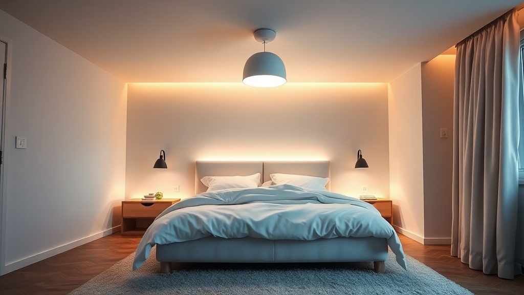 Richtige Beleuchtung im Schlafzimmer: LED-Stripes hinter dem Bett und dimmbare Deckenleuchten von OBI